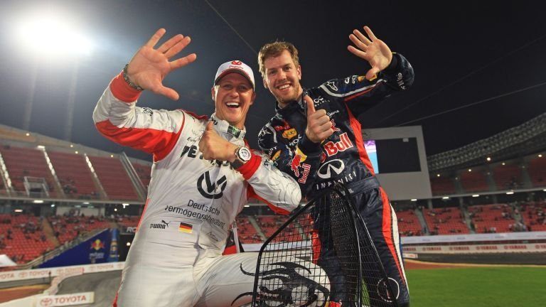 Себастьян Феттель и Михаэль Шумахер после победы в Кубке наций-2012 © Sky Sports F1