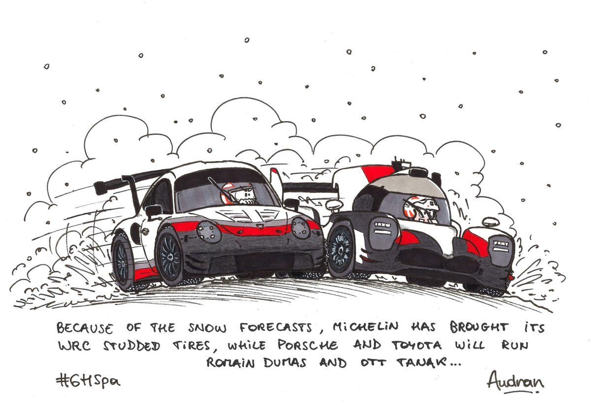 «Из-за снежной погоды Michelin привезла шипованные шины, а за Porsche и Toyota выступят Ромен Дюма и Отт Тянак» © twitter.com/24hoursoflemans