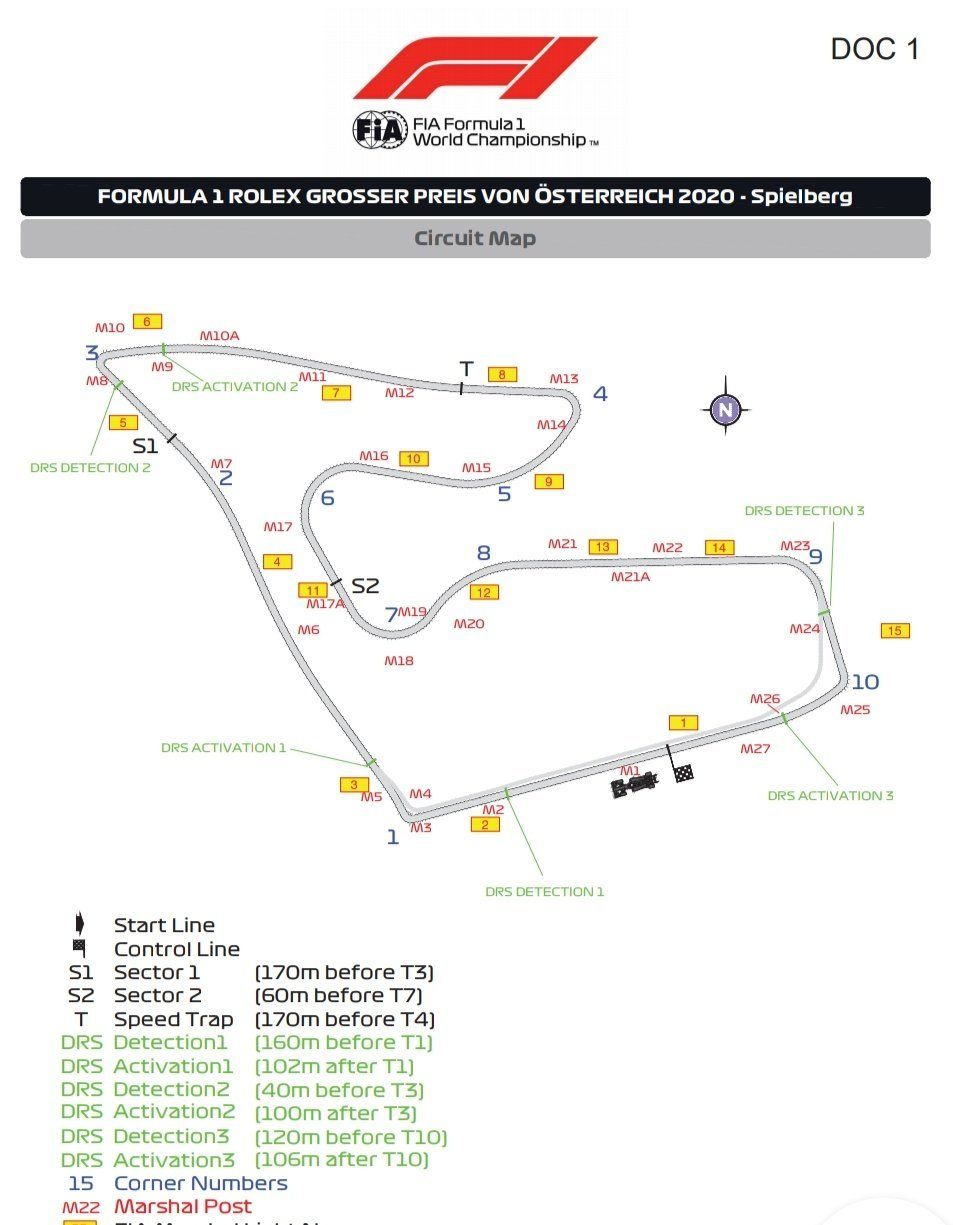 Схема размещения зон DRS на трассе Ред Булл Ринг © FIA
