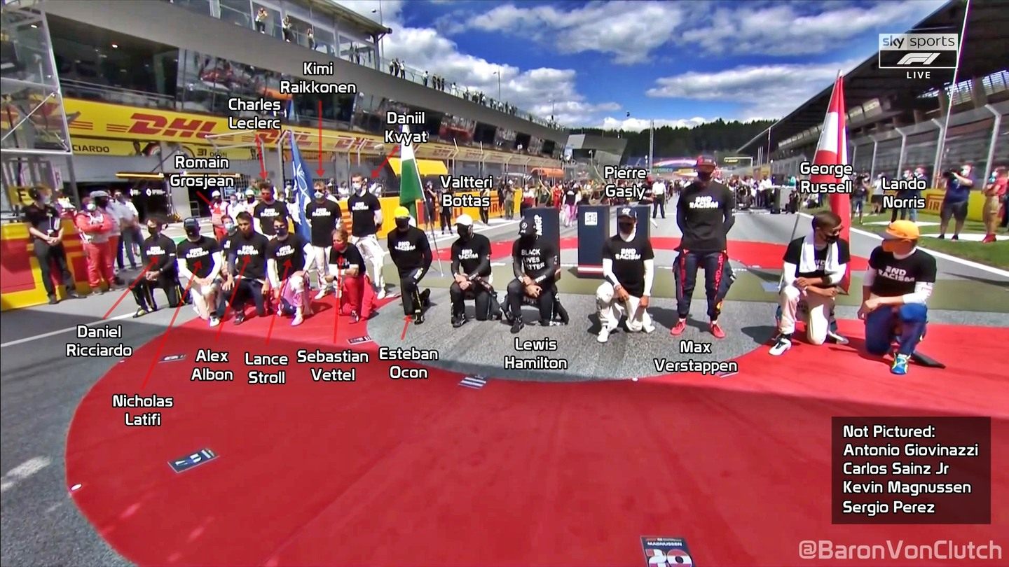 Вставшие и не вставшие на колено гонщики Формулы 1 перед стартом Гран При Штирии © @BaronVonClutch