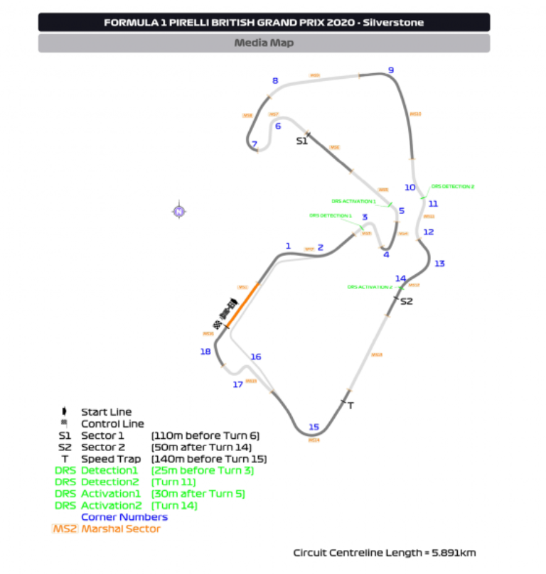 Конфигурация Сильверстоуна и расположение зон DRS © FIA