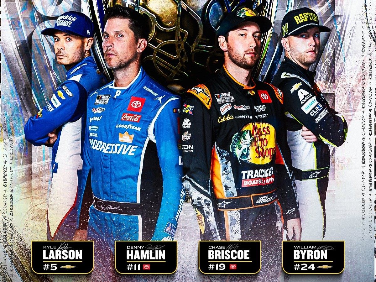 Четверка финалистов NASCAR Cup Series 2025 года: Кайл Ларсон (Hendrick Motorsport), Денни Хэмлин (Joe Gibbs Racing), Чейз Бриско (Joe Gibbs Racing), Уильям Байрон (Hendrick Motorsport). © NASCAR