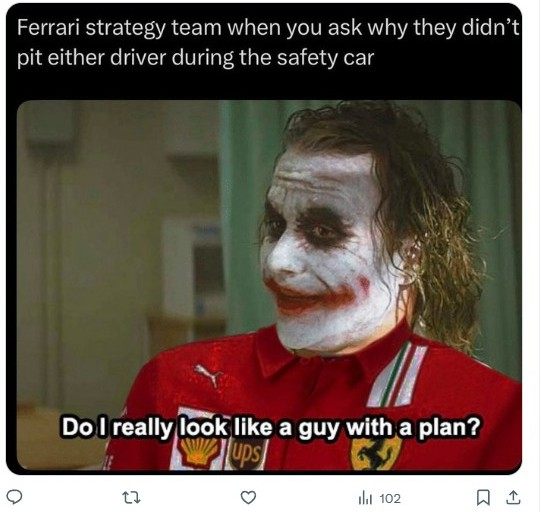 Типичный стратег Ferrari: «Я похож на человека, у которого есть план? Ты знаешь, кто я? Я пёс, бегущий за машиной — я бы не знал, что делать, если бы догнал, так что я просто делаю и всё». © Соцсети