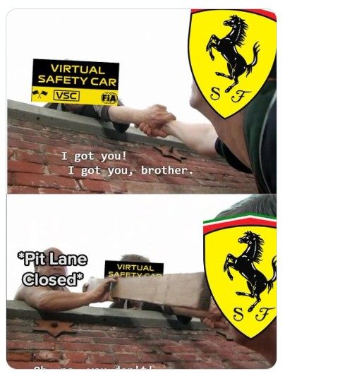 Второй VSC: «Ferrari, я помогу, помогу вам!» Гоночная дирекция, закрывающая въезд на пит-лейн, такая... © Соцсети