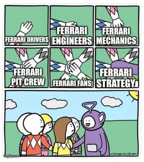 Когда странные стратеги решили присоединиться к дружной компании из пилотов, инженеров, механиков и болельщиков Ferrari… © Соцсети