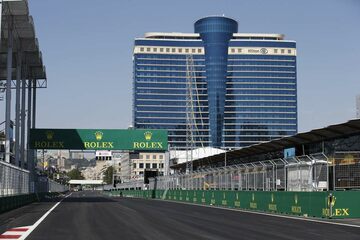 The Baku street circuit with a backdrop of local architecture. 